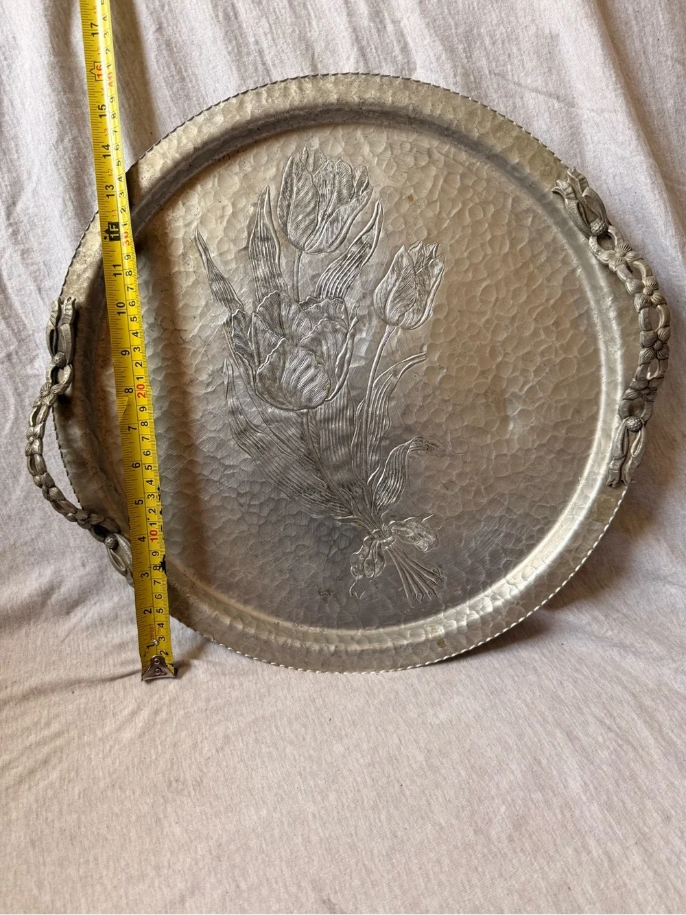 Rodney Kent Hand-Wrought Aluminum Floral Round Tray with Handles